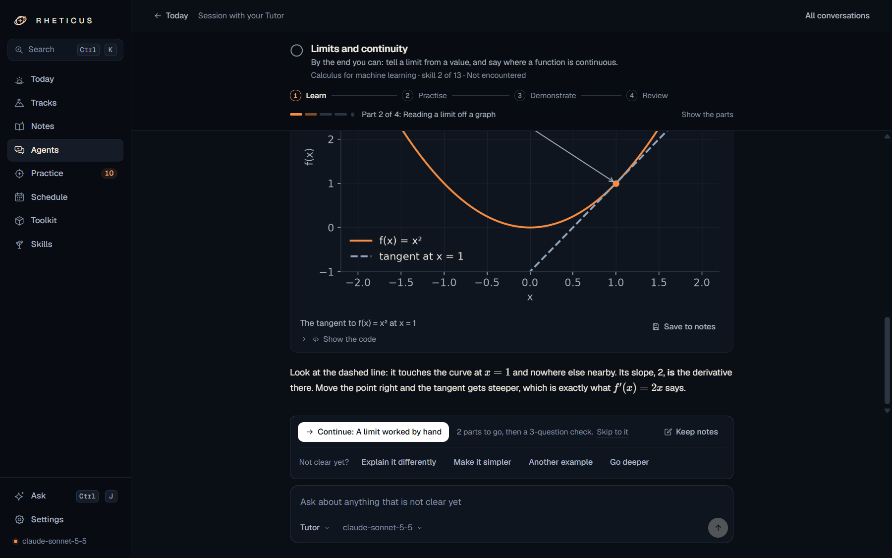 A lesson in progress: part two of four, a plot of a tangent line, and options to continue or have it explained differently