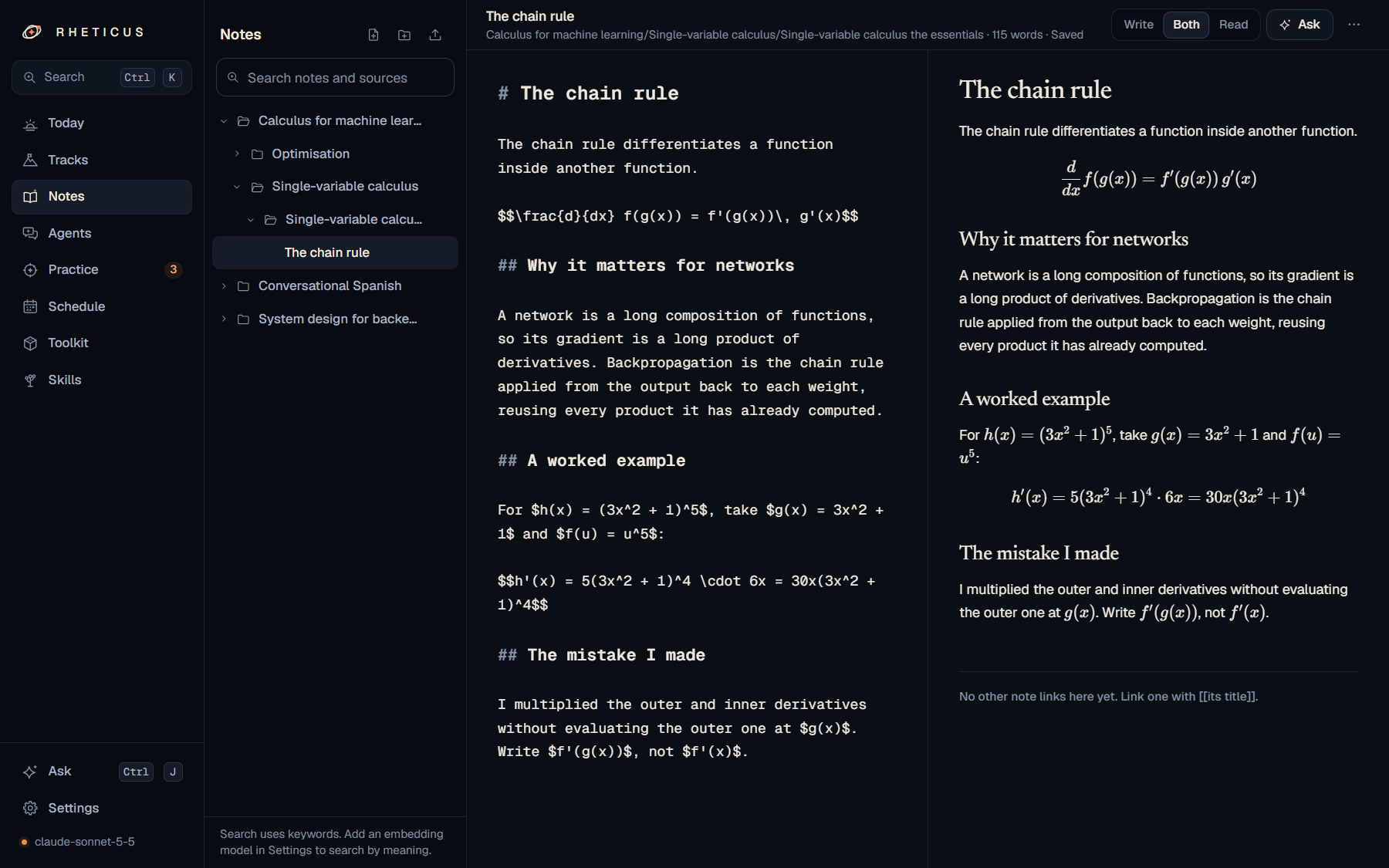 A note on the chain rule, written in Markdown on the left and rendered with equations on the right