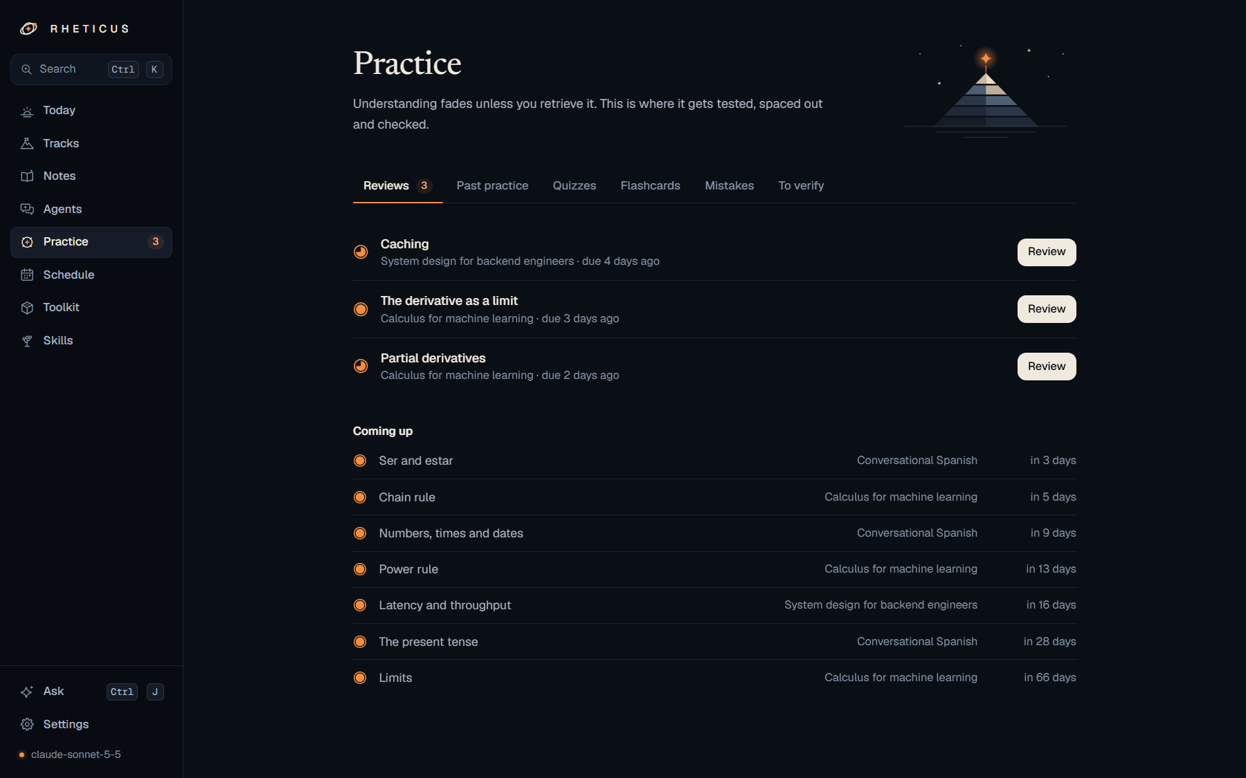 The Practice screen: reviews due, each with its lesson, track and due date