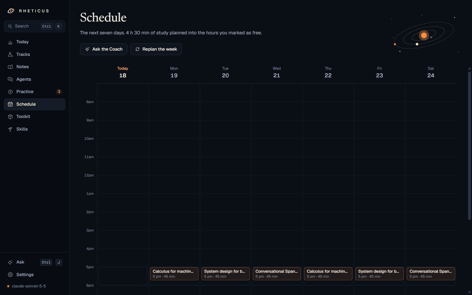 The week's schedule with study blocks in the evenings