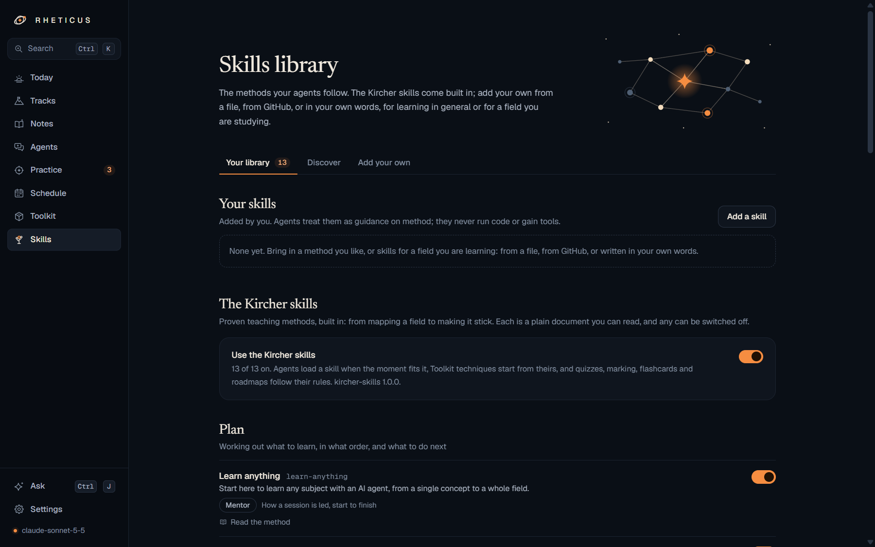 The Skills library: the Kircher skills grouped by what they do, each with a switch