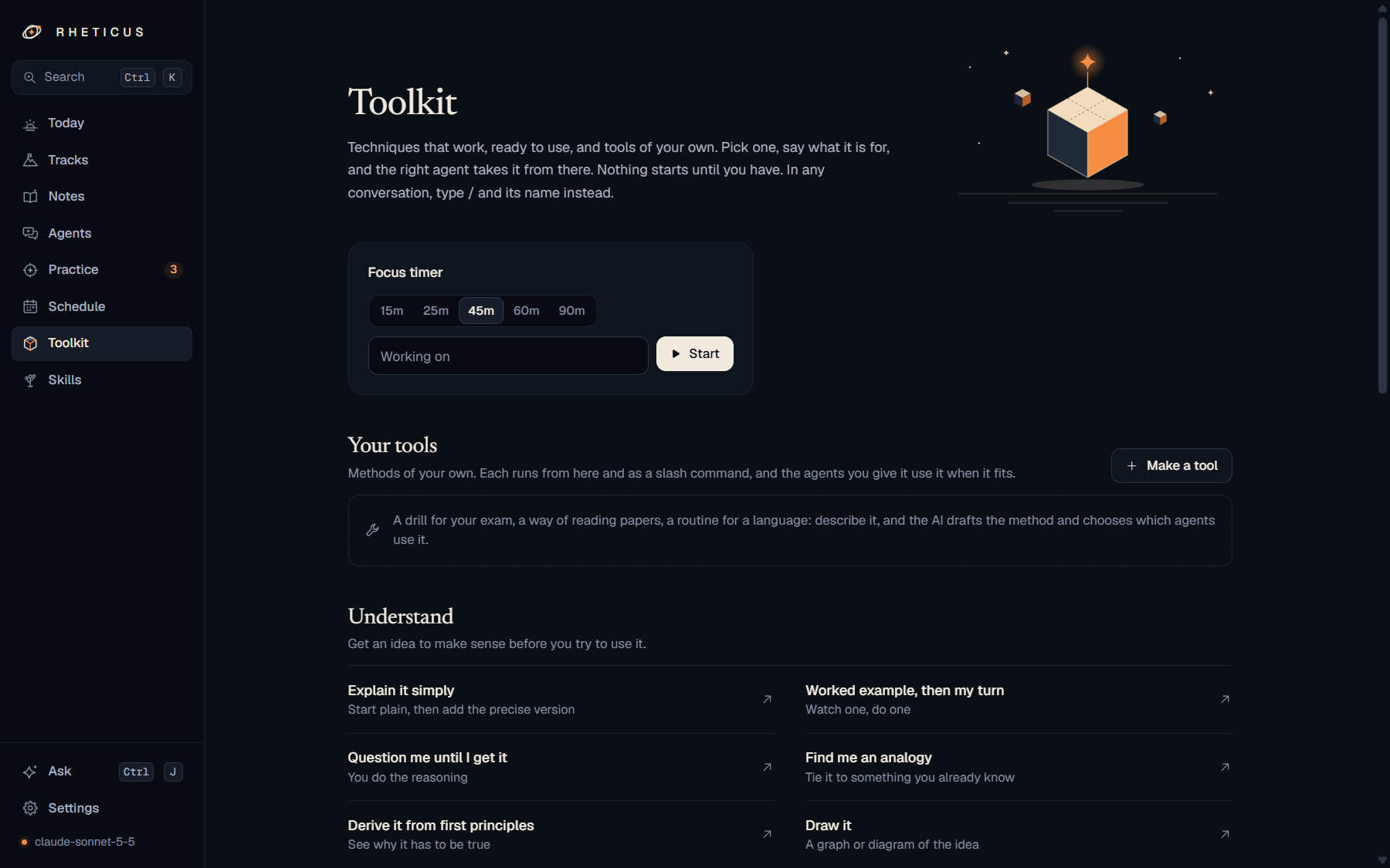 The Toolkit: a focus timer, your own tools, and techniques grouped by what they help with