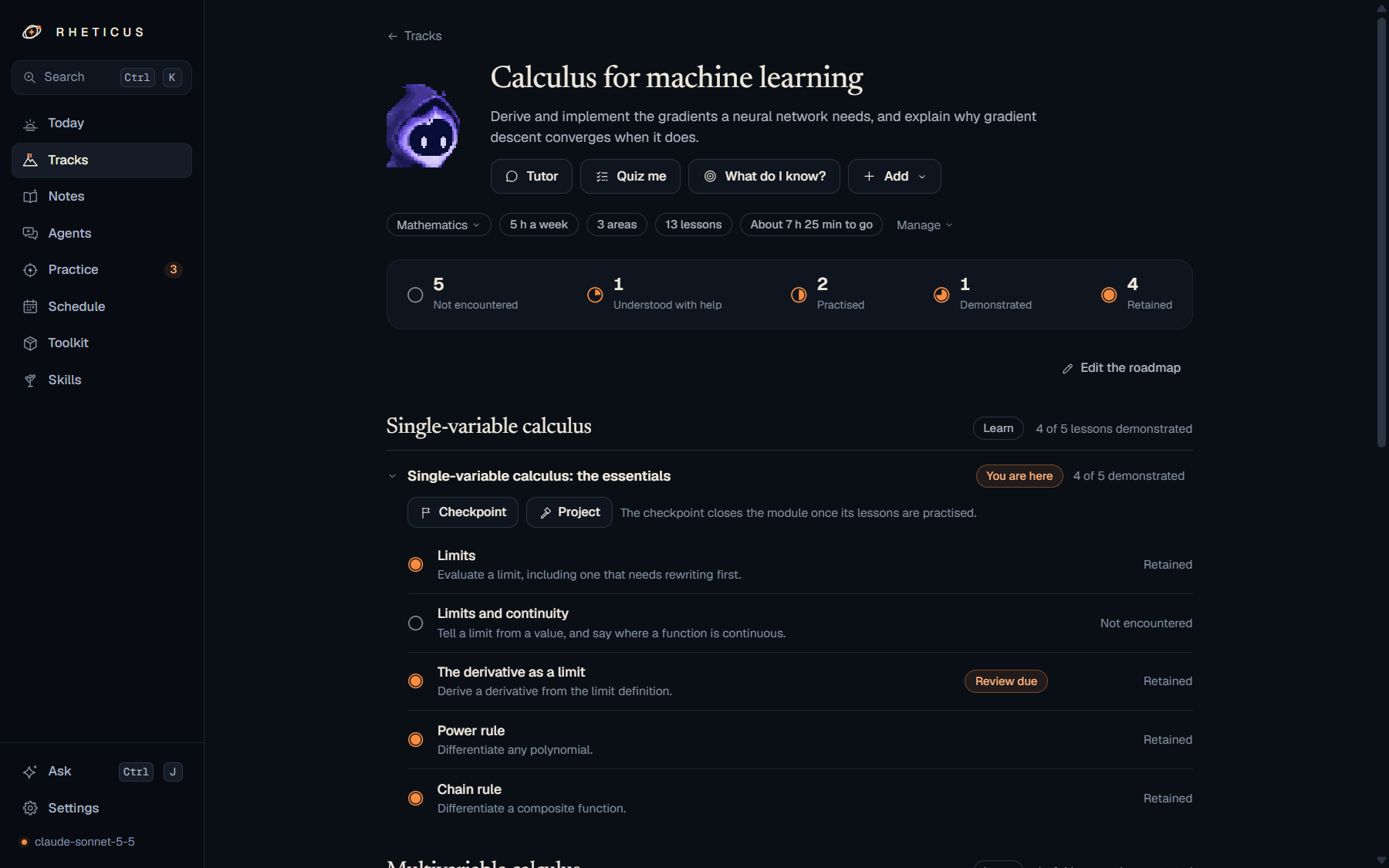 A track's roadmap: counts of lessons in each mastery state, and lessons with their states and reviews due